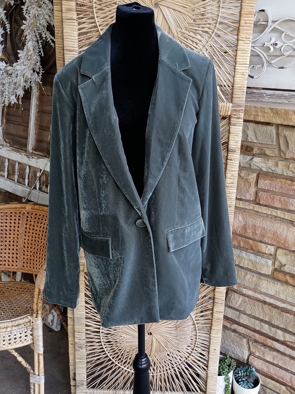 Open Edit Nordstrom Classic Women's Velvet Blazer Jacket Green_M - Picture 2 of 10